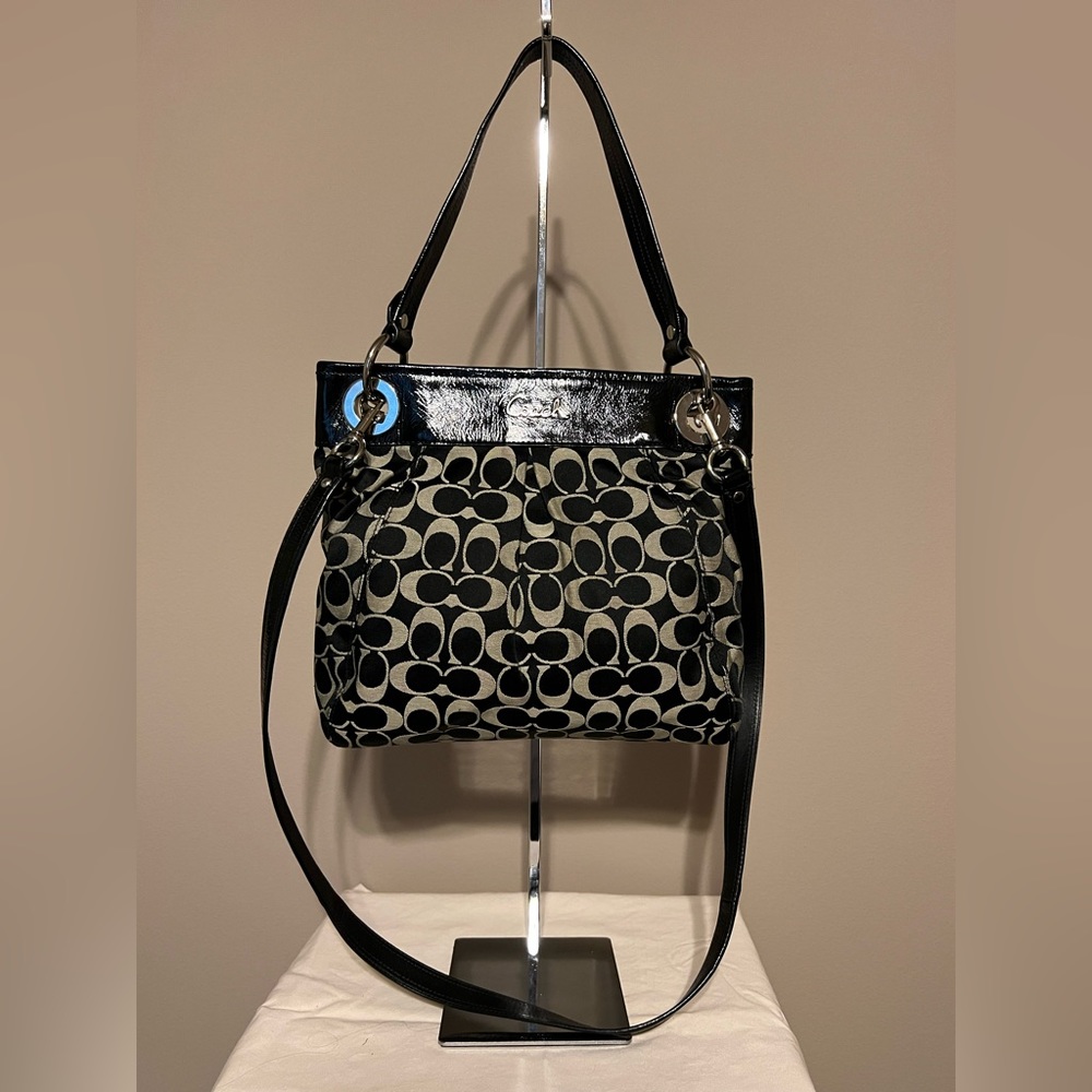 COACH Ashley Hippie Convertible Signature Black/Grey/Silver Crossbody Bag